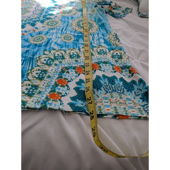 Chico's Top Women M/1 Geo Lagoon Cold Shoulder Tunic Aqua Blue Abstract Stretch - Picture 12 of 12